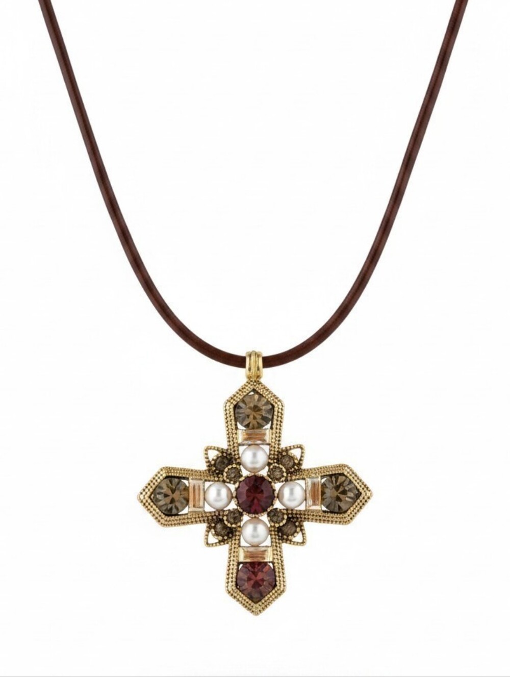 🤎 ▪️ATTERRI ▪️Genuine Leather  Jeweled Cross Pendant 30" Necklace